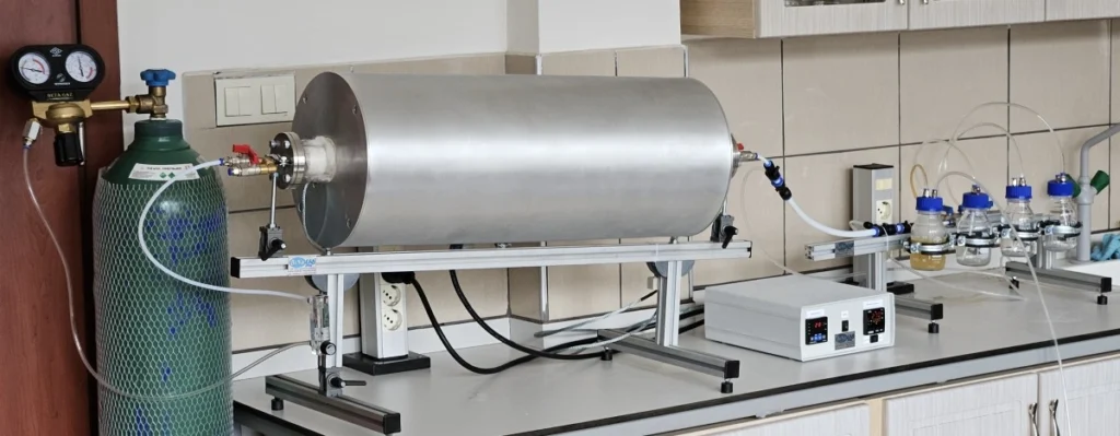 BENALAB tarafından üretilen1000 °C sıcaklık, gaz ve sıvı akışı altında karbonizasyon sistemi, piroliz cihazı. Sistem, quartz bir kolon, hassas sıcaklık kontrol ünitesi ve çıkışında sıvı/gaz ürünlerin yoğuşturulması için birbirine bağlı dört adet cam toplama şişesinden oluşmaktadır.
