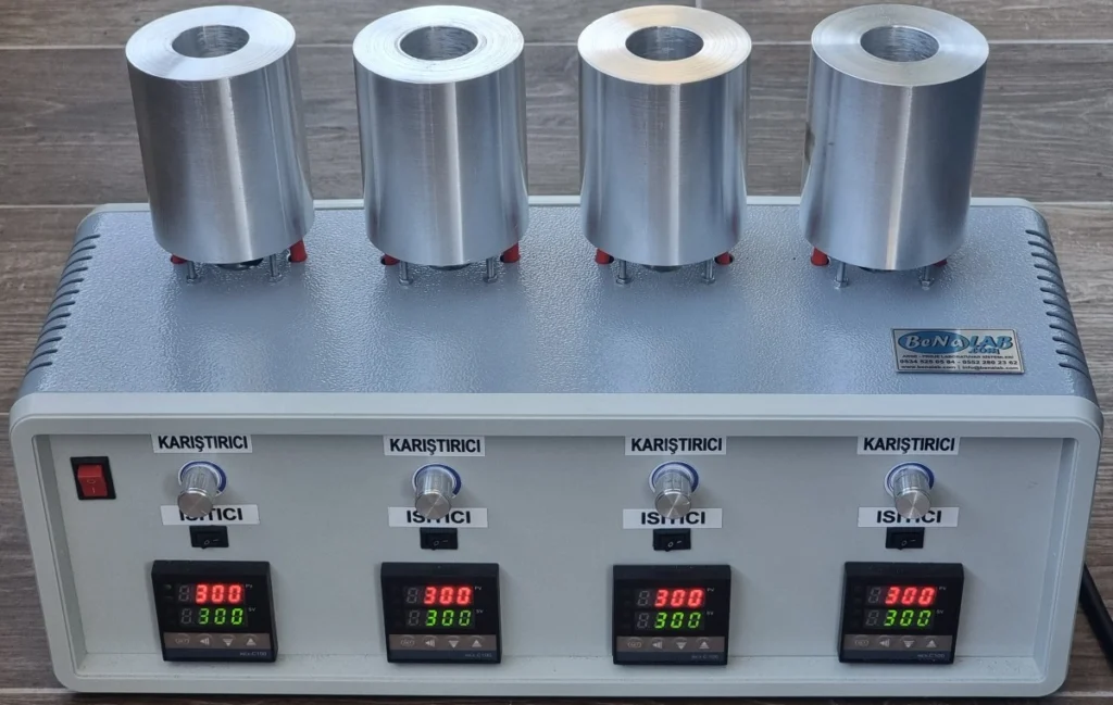 4'lü bağımsız PID kontrol üniteli, 50ml Falcon tüp uyumlu, alüminyum bloklu ısıtıcı ve karıştırıcı laboratuvar cihazı.